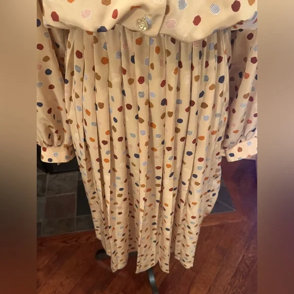 Vintage Leslie Fay Cream Tan Polkadot Long Sleeve Blouson Dress Union Made Sz 12 - Picture 5 of 10